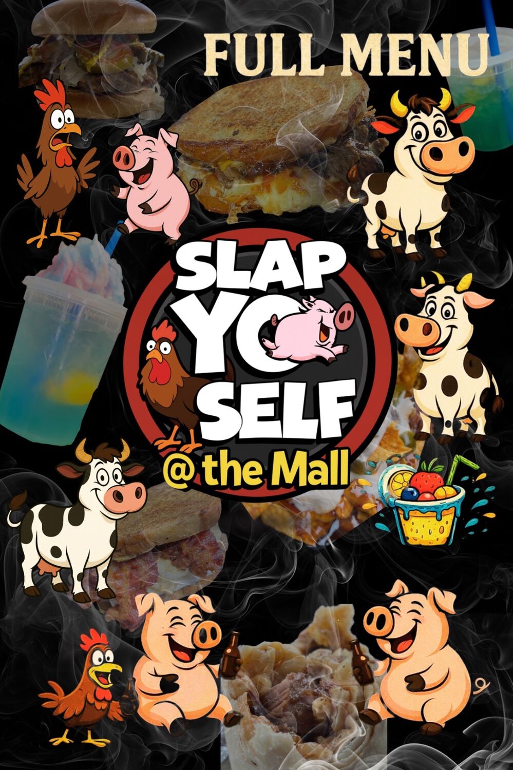 Slap Yo Self BBQ menu featuring wings, loaded fries, brisket, and pulled pork in Marion, Ohio